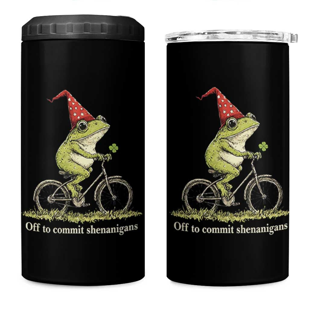 Funny Frog St Patricks Day 4 in 1 Can Cooler Tumbler Off To Commit Shenanigans Four Leaf Clover