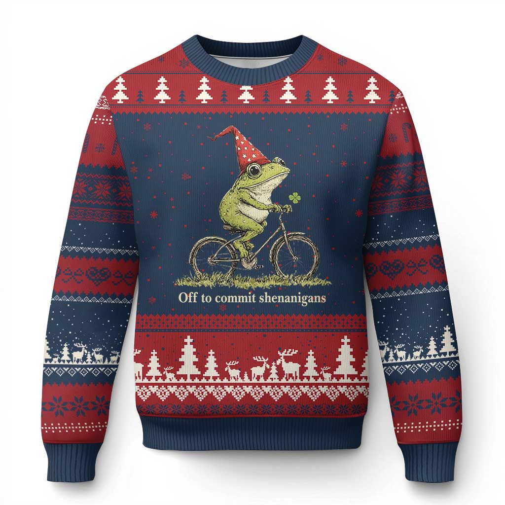 Funny Frog St Patricks Day Ugly Christmas Sweater Off To Commit Shenanigans Four Leaf Clover
