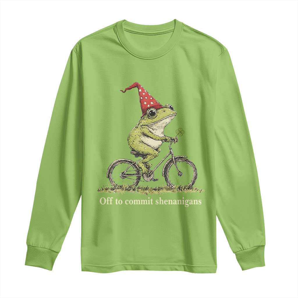 Funny Frog St Patricks Day Long Sleeve Shirt Off To Commit Shenanigans Four Leaf Clover