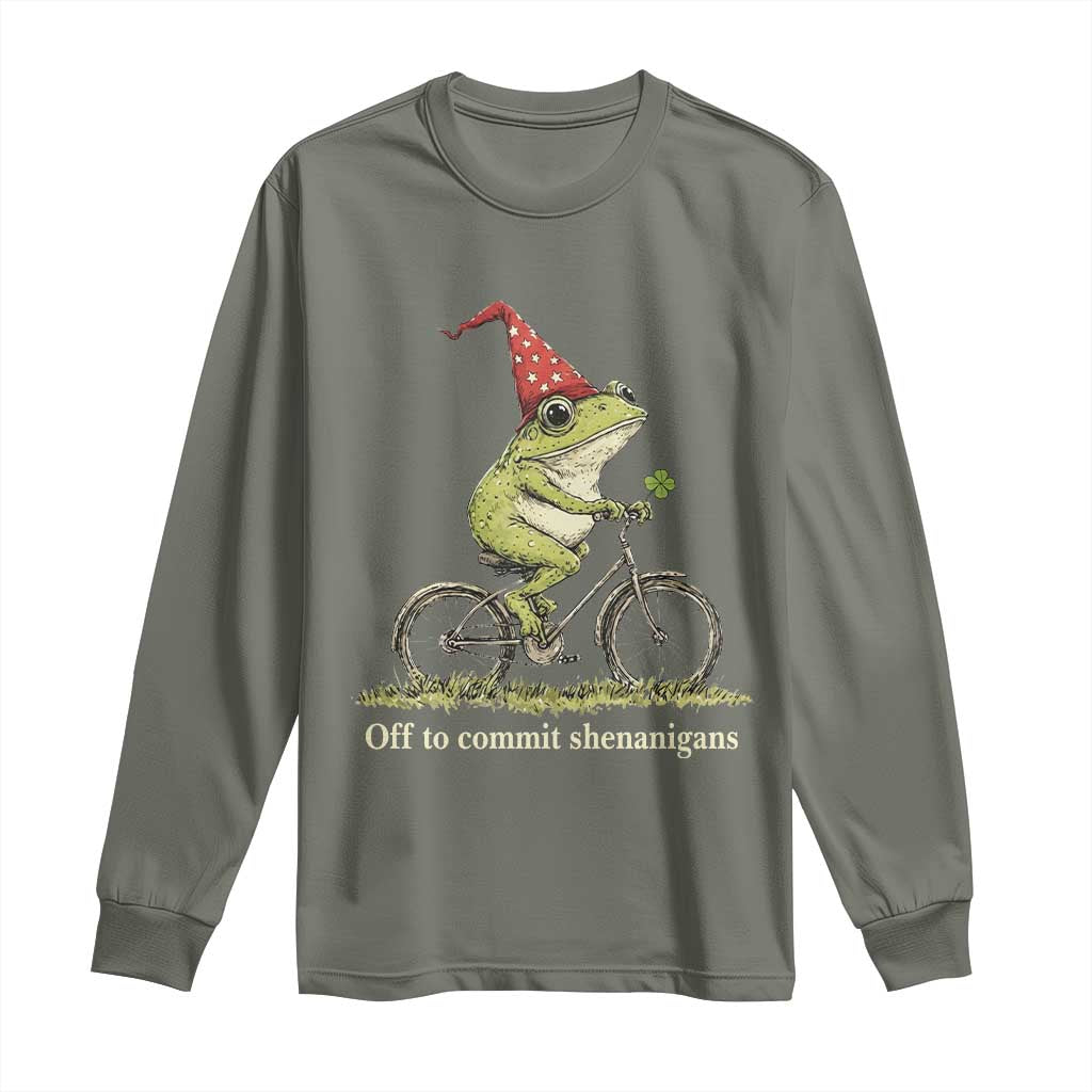 Funny Frog St Patricks Day Long Sleeve Shirt Off To Commit Shenanigans Four Leaf Clover