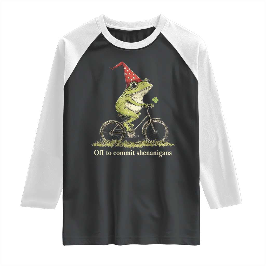 Funny Frog St Patricks Day Raglan Shirt Off To Commit Shenanigans Four Leaf Clover