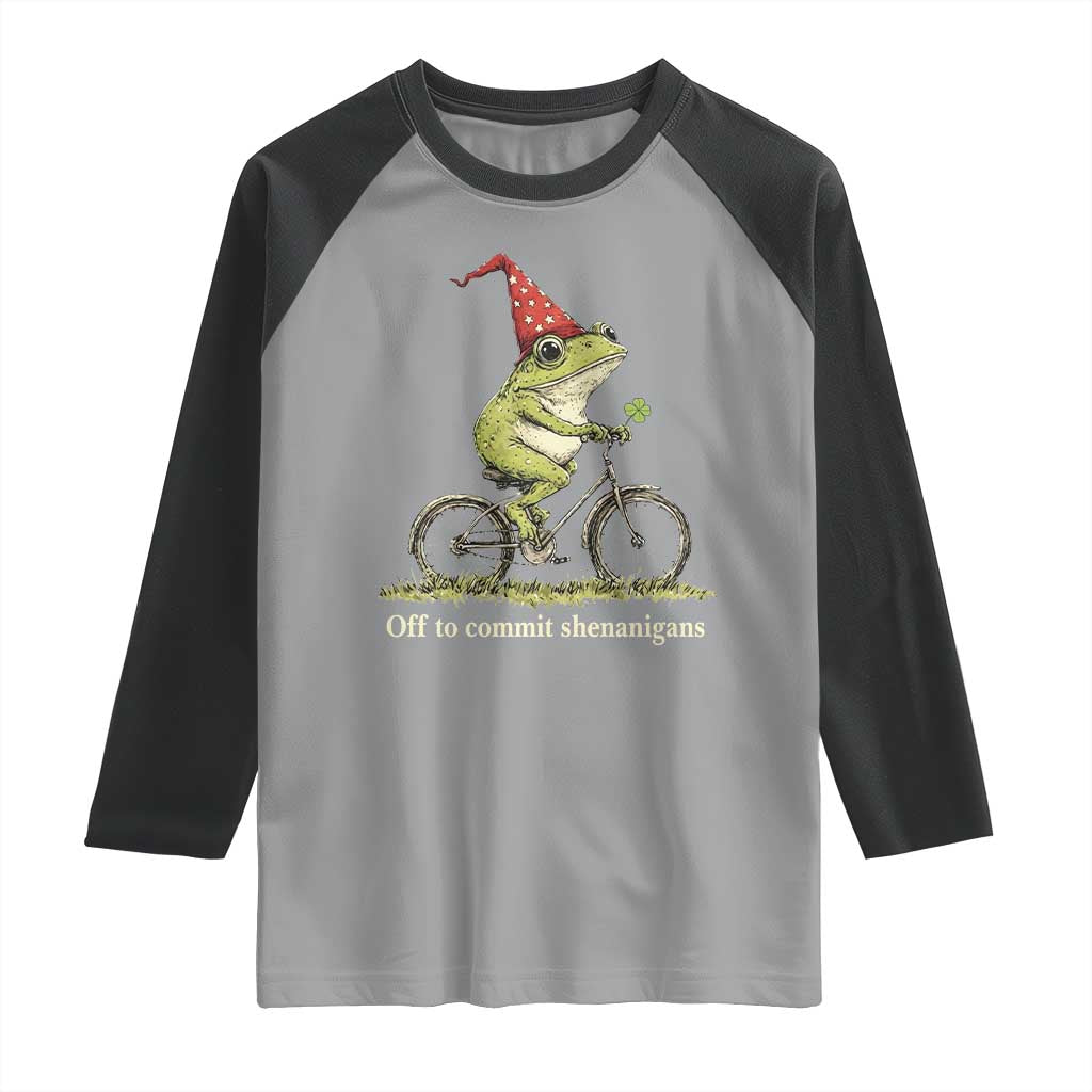 Funny Frog St Patricks Day Raglan Shirt Off To Commit Shenanigans Four Leaf Clover