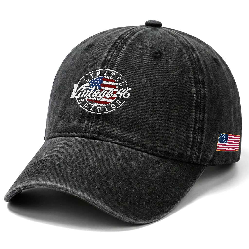 Funny 80th Birthday Washed Cotton Baseball Cap Vintage 1946 Stamp 80 Years Old American Flag