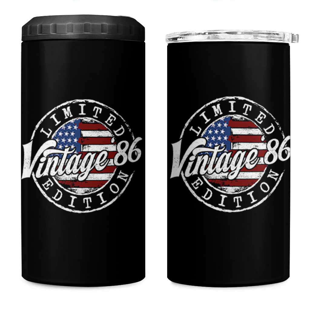 Funny 40th Birthday 4 in 1 Can Cooler Tumbler Vintage 1986 Stamp 40 Years Old American Flag
