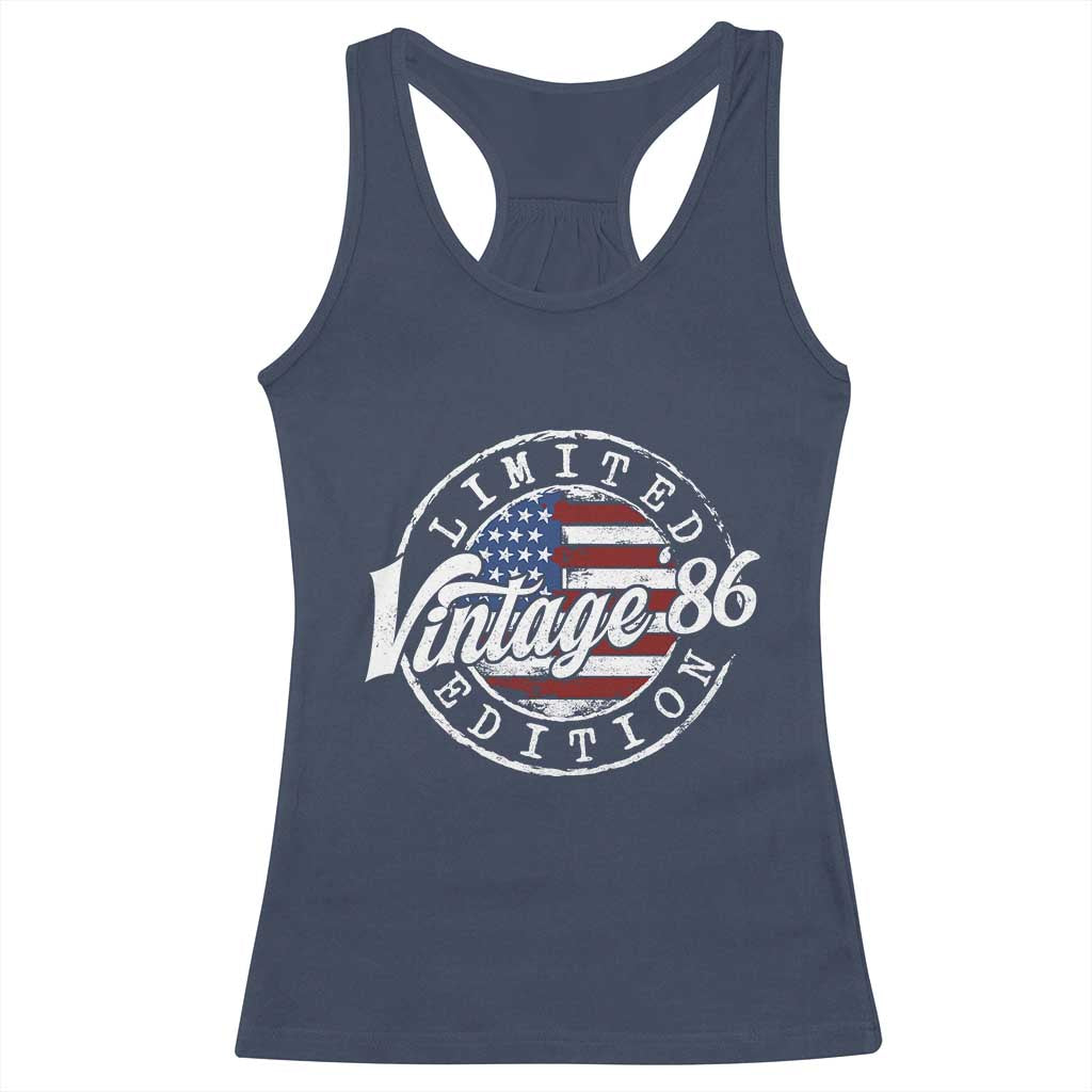 Funny 40th Birthday Racerback Tank Top Vintage 1986 Stamp 40 Years Old American Flag
