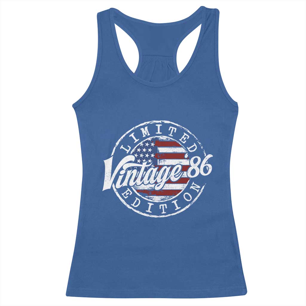 Funny 40th Birthday Racerback Tank Top Vintage 1986 Stamp 40 Years Old American Flag