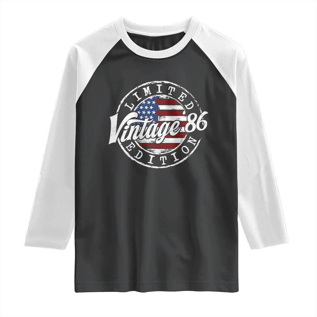 Funny 40th Birthday Raglan Shirt Vintage 1986 Stamp 40 Years Old American Flag