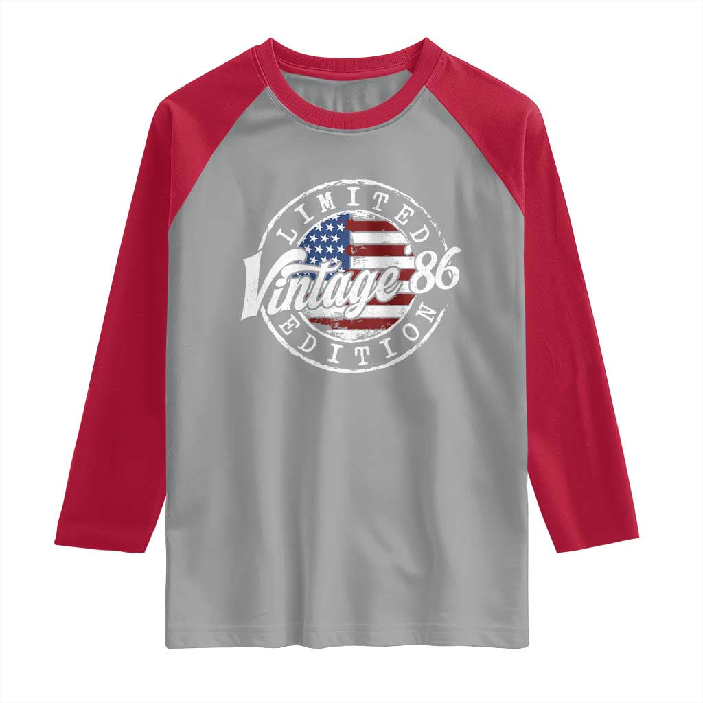 Funny 40th Birthday Raglan Shirt Vintage 1986 Stamp 40 Years Old American Flag