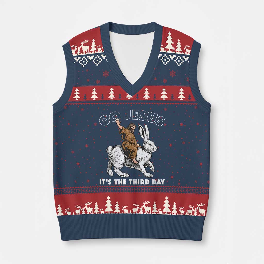 Funny Christian Easter V-Neck Knit Sweater Vest Go Jesus It Is The Third Day Religious Bunny