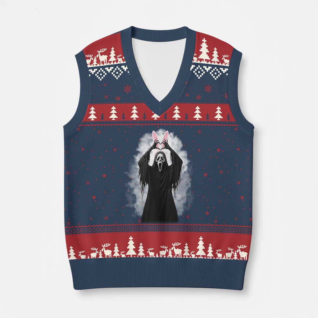 Funny Scary Bunny Face Ghost Heart Hand Sign Easter Day V-Neck Knit Sweater Vest