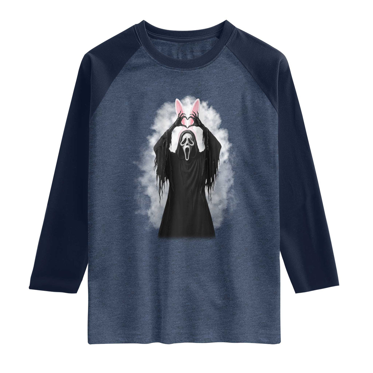 Funny Scary Bunny Face Ghost Heart Hand Sign Easter Day Raglan Shirt