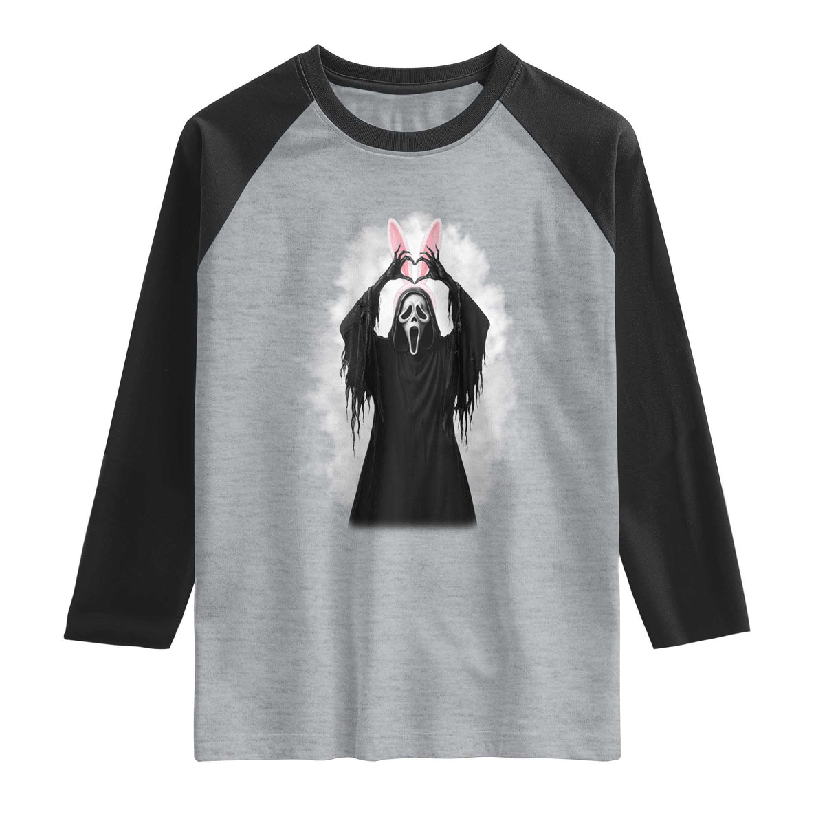 Funny Scary Bunny Face Ghost Heart Hand Sign Easter Day Raglan Shirt