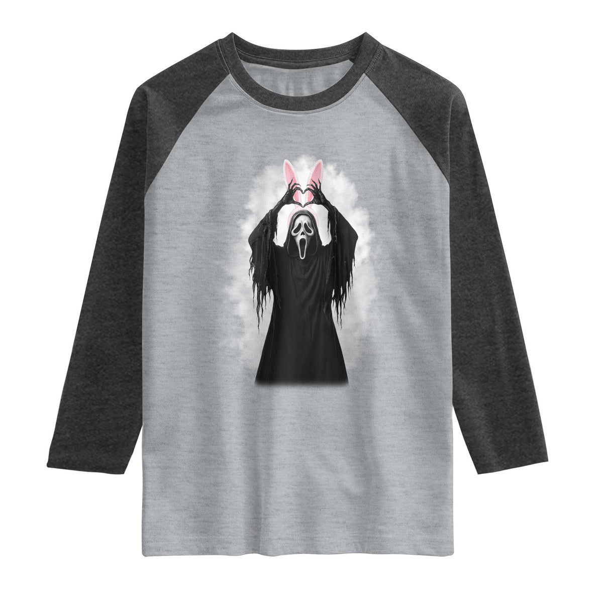 Funny Scary Bunny Face Ghost Heart Hand Sign Easter Day Raglan Shirt