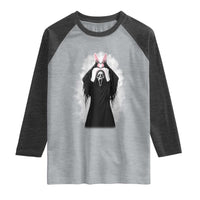Funny Scary Bunny Face Ghost Heart Hand Sign Easter Day Raglan Shirt