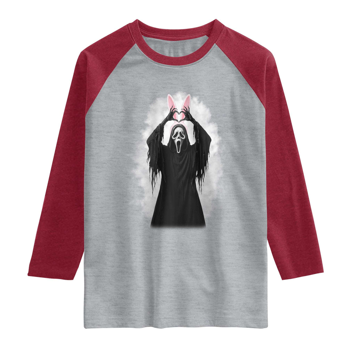 Funny Scary Bunny Face Ghost Heart Hand Sign Easter Day Raglan Shirt
