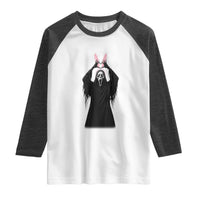 Funny Scary Bunny Face Ghost Heart Hand Sign Easter Day Raglan Shirt