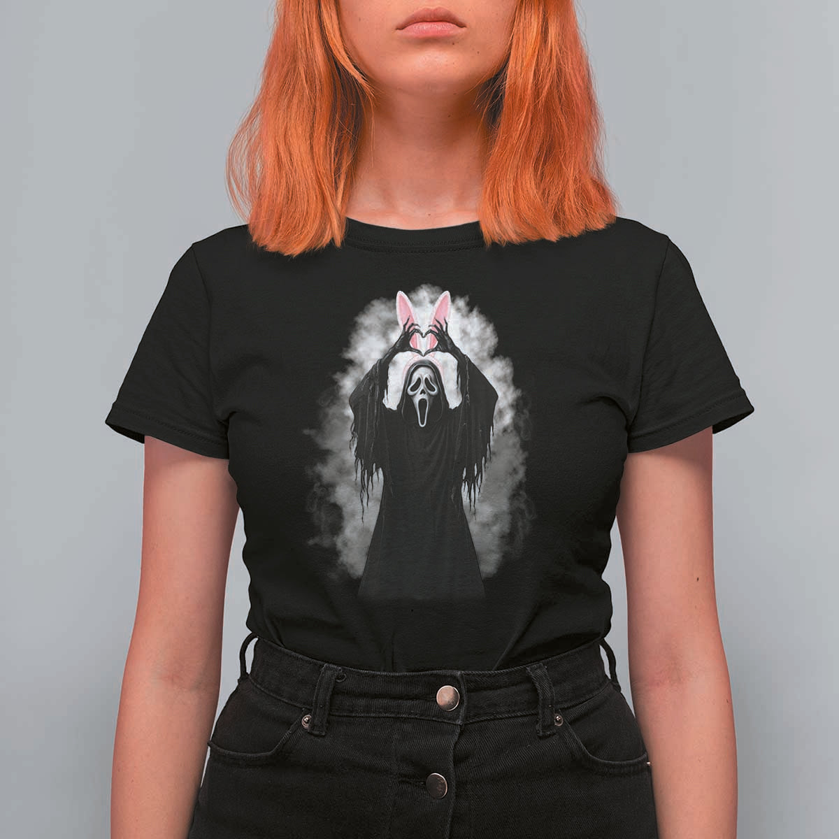 Funny Scary Bunny Face Ghost Heart Hand Sign Easter Day T Shirt For Women
