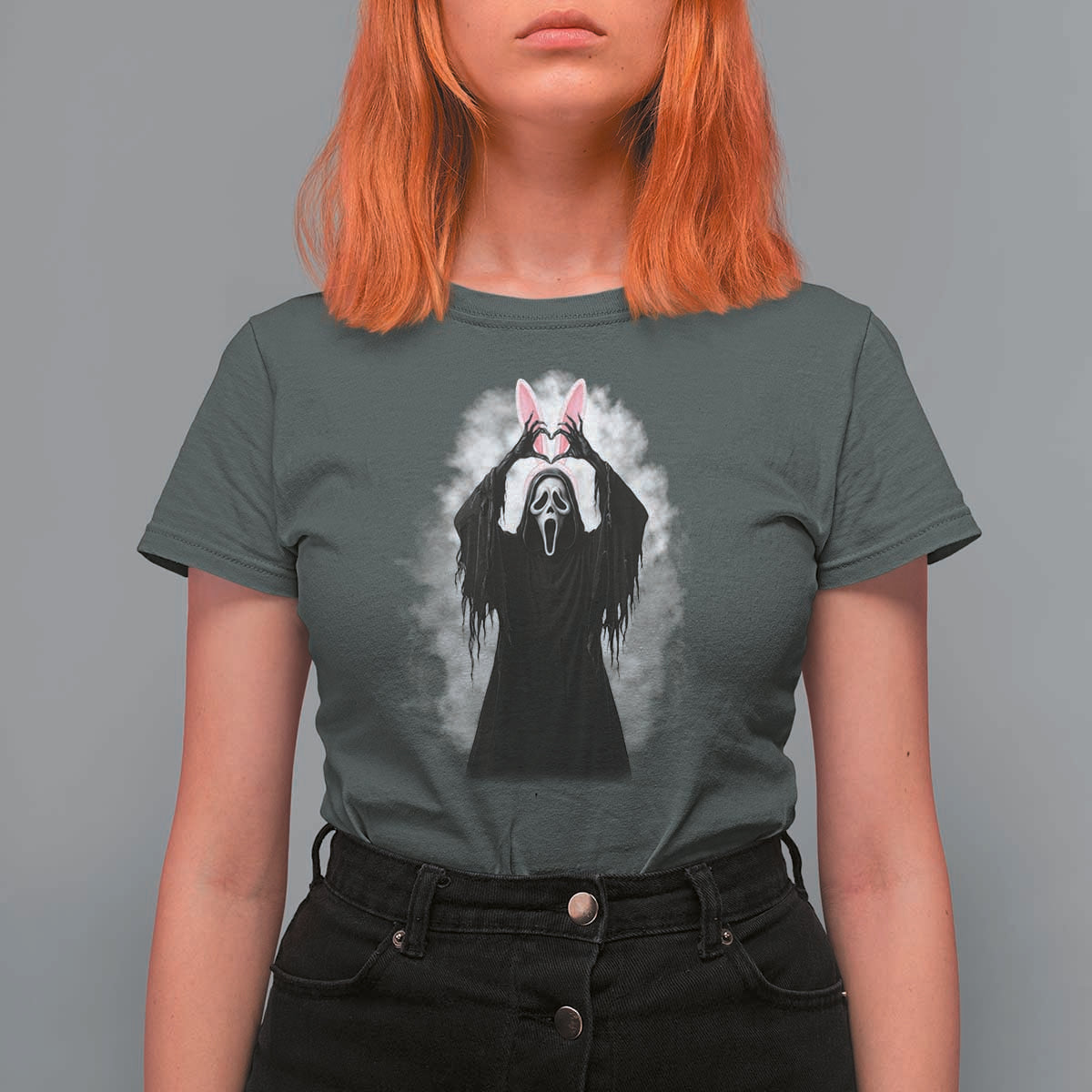 Funny Scary Bunny Face Ghost Heart Hand Sign Easter Day T Shirt For Women