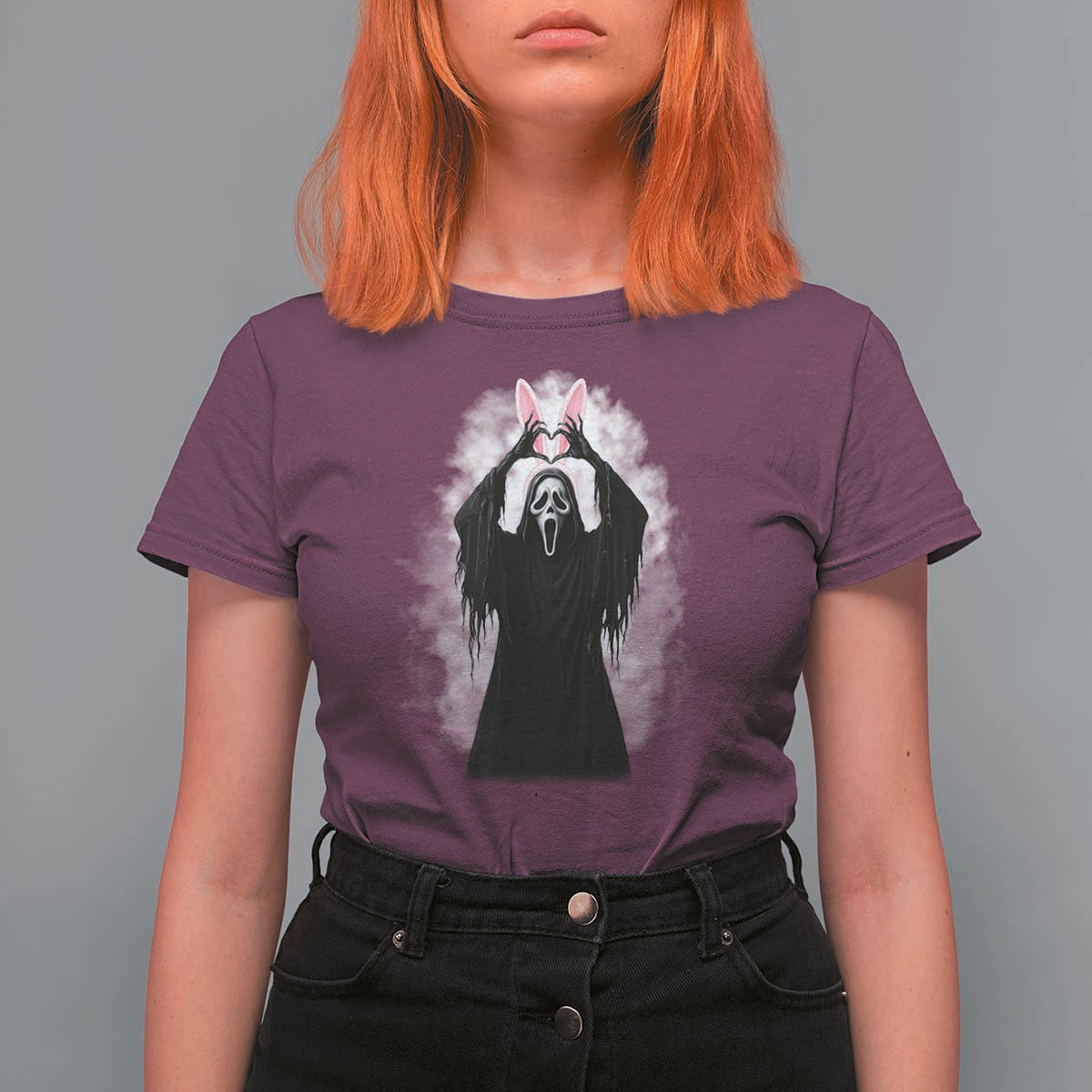 Funny Scary Bunny Face Ghost Heart Hand Sign Easter Day T Shirt For Women