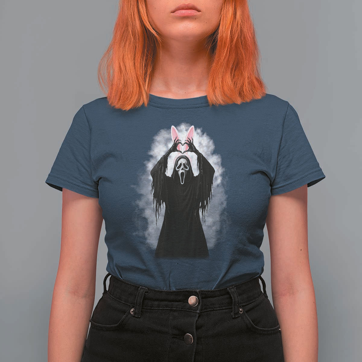 Funny Scary Bunny Face Ghost Heart Hand Sign Easter Day T Shirt For Women