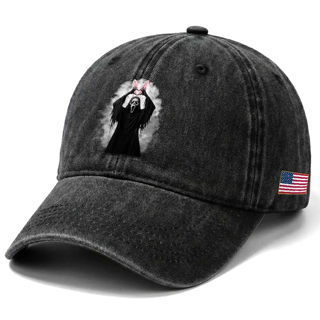 Funny Scary Bunny Face Ghost Heart Hand Sign Easter Day Washed Cotton Baseball Cap