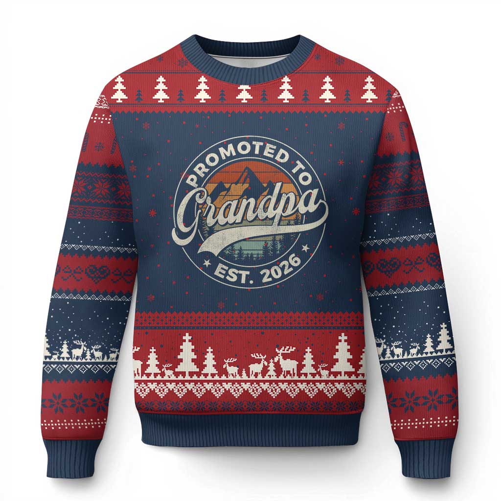 Promoted To Grandpa Est 2026 Ugly Christmas Sweater Grandparents Baby Announcement Retro Mountain