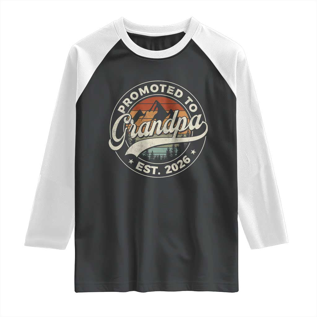Promoted To Grandpa Est 2026 Raglan Shirt Grandparents Baby Announcement Retro Mountain