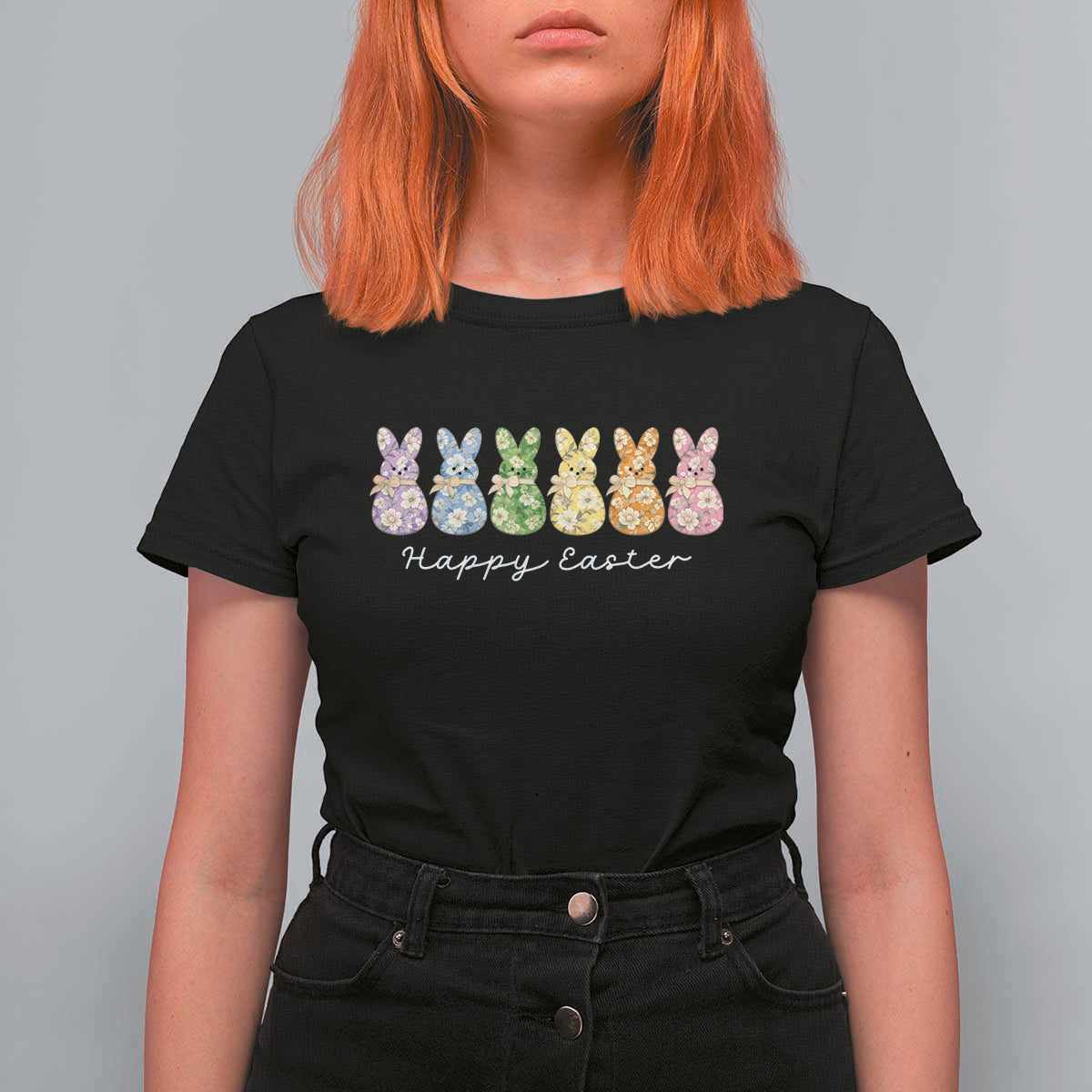 Happy Easter Day Vintage Colorful Floral Sugary Bunnies T Shirt For Women