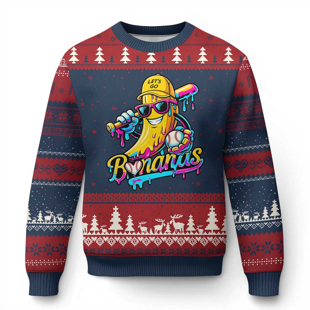 Funny Banana Baseball Drip Ugly Christmas Sweater Lets Go Bananas Ice Cream Dripping Sport