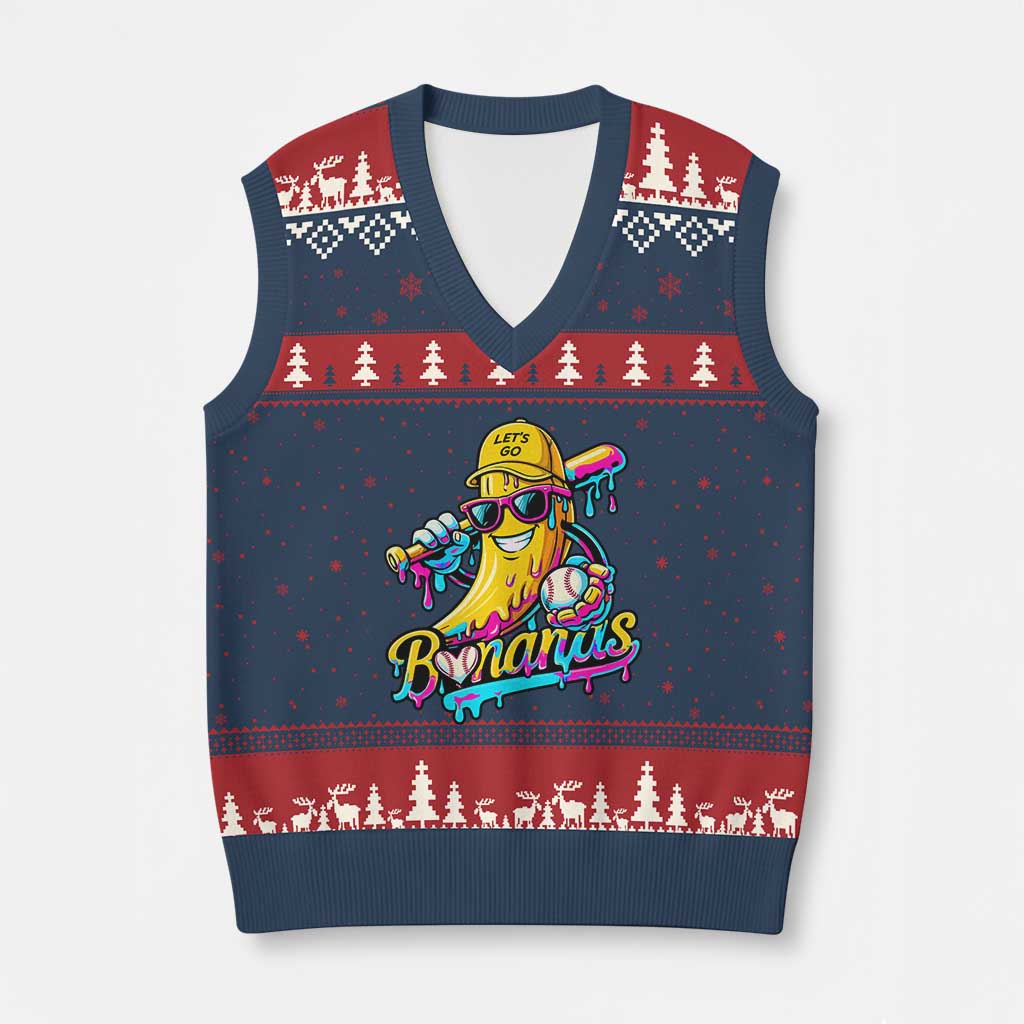 Funny Banana Baseball Drip V-Neck Knit Sweater Vest Lets Go Bananas Ice Cream Dripping Sport