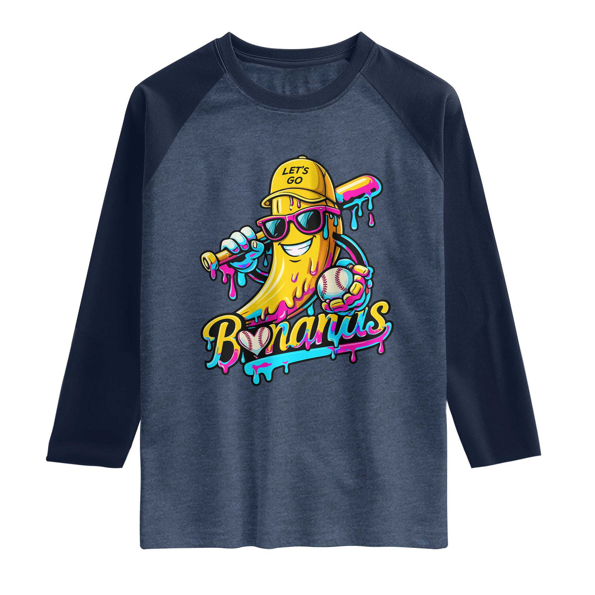 Funny Banana Baseball Drip Raglan Shirt Lets Go Bananas Ice Cream Dripping Sport