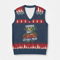 Funny Wanna Taco Bout Jesus Lettuce Pray V-Neck Knit Sweater Vest Cinco de Mayo Christian Bible Verse - Wonder Print Shop