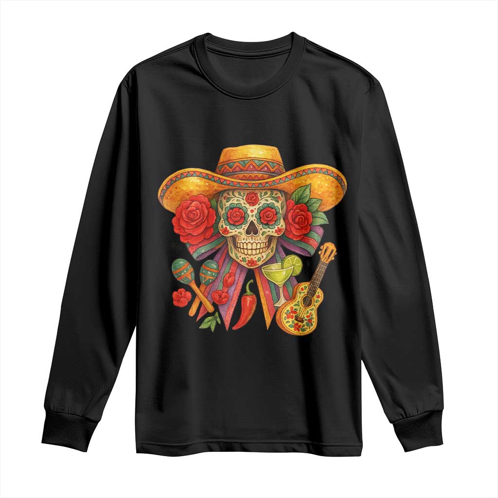 Funny Cinco De Mayo Sugar Skull Sombrero Hat Bow Long Sleeve Shirt