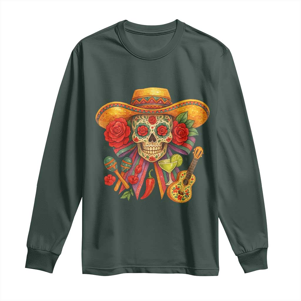 Funny Cinco De Mayo Sugar Skull Sombrero Hat Bow Long Sleeve Shirt