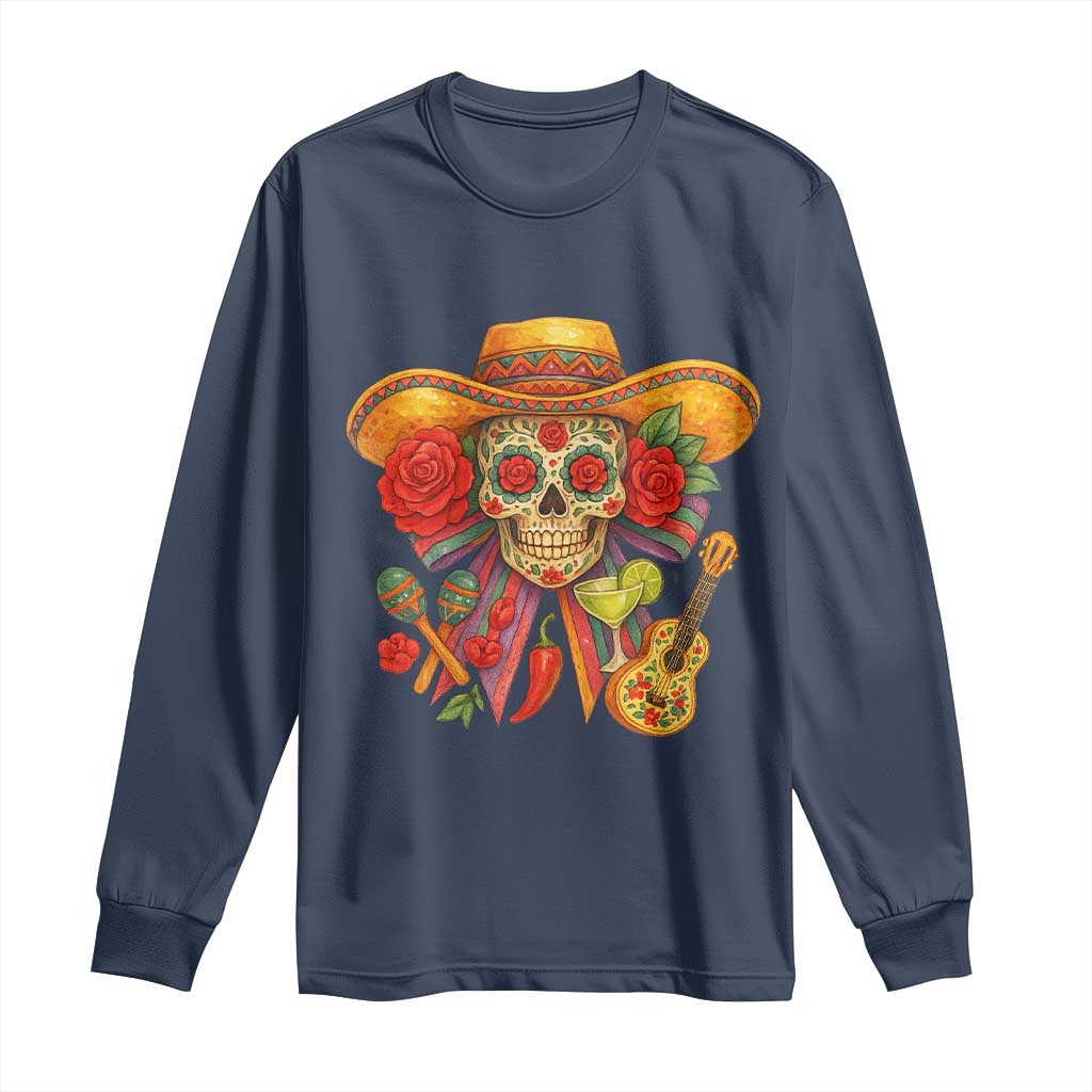 Funny Cinco De Mayo Sugar Skull Sombrero Hat Bow Long Sleeve Shirt