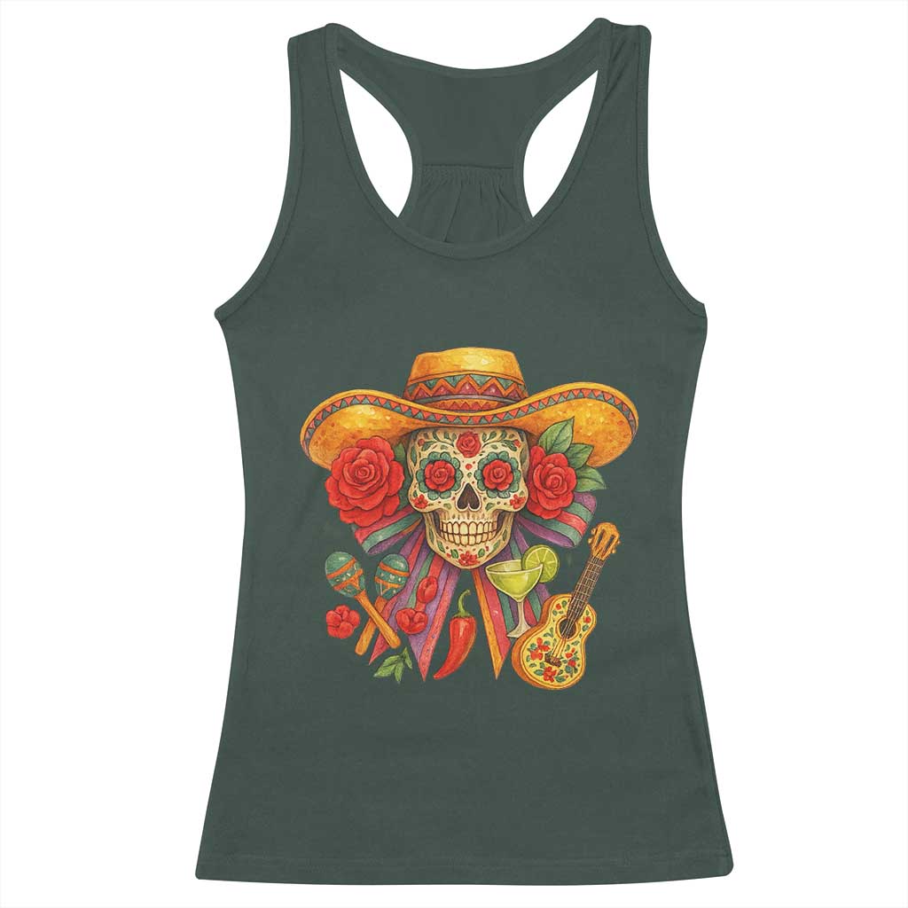 Funny Cinco De Mayo Sugar Skull Sombrero Hat Bow Racerback Tank Top