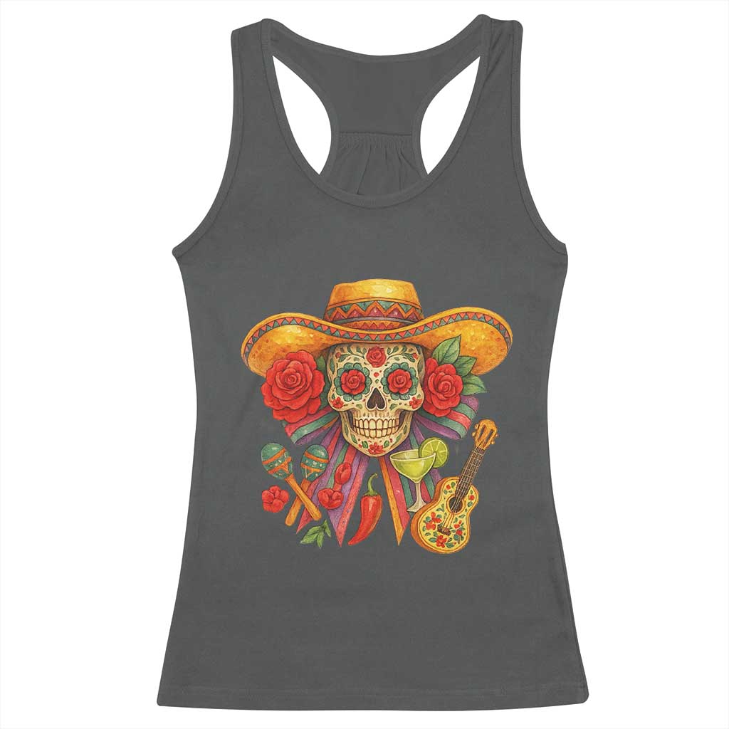 Funny Cinco De Mayo Sugar Skull Sombrero Hat Bow Racerback Tank Top