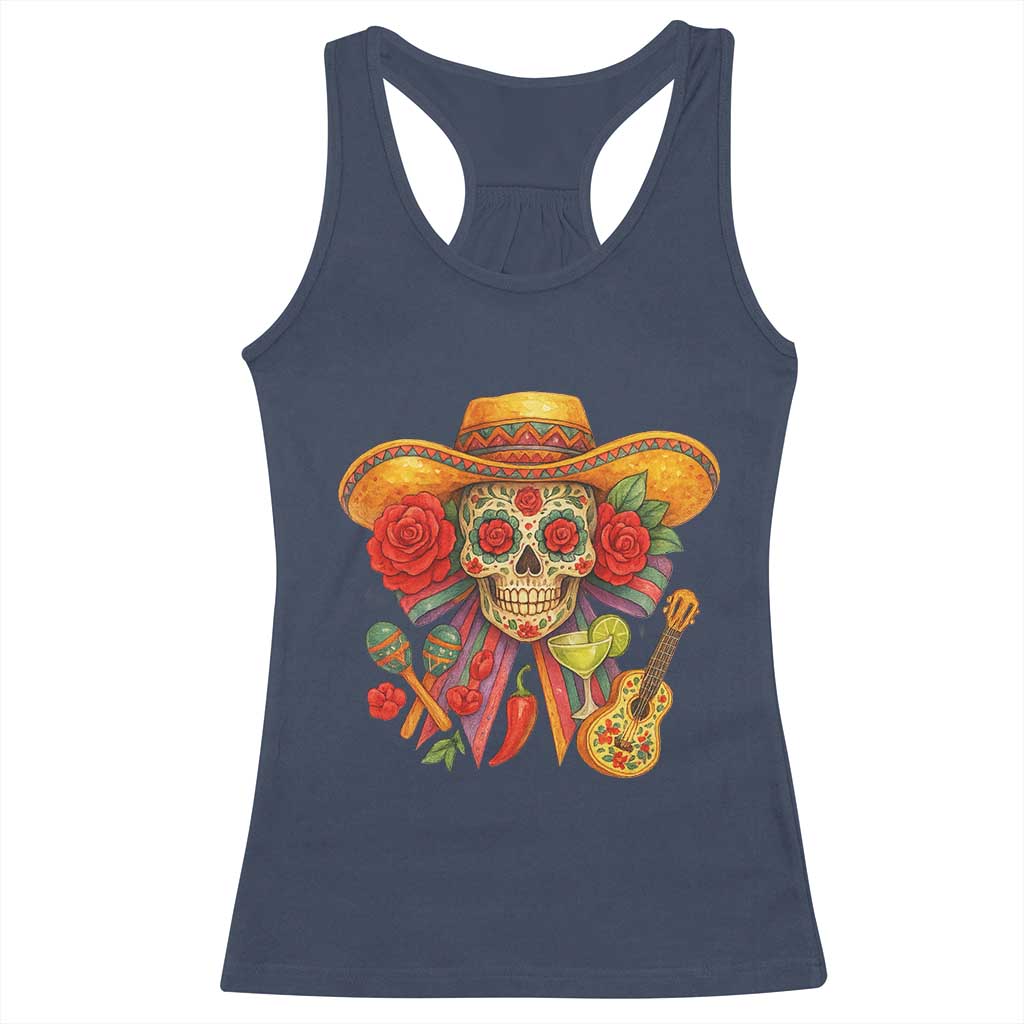 Funny Cinco De Mayo Sugar Skull Sombrero Hat Bow Racerback Tank Top