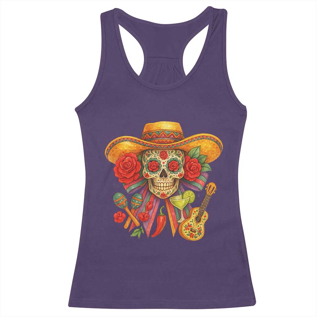 Funny Cinco De Mayo Sugar Skull Sombrero Hat Bow Racerback Tank Top