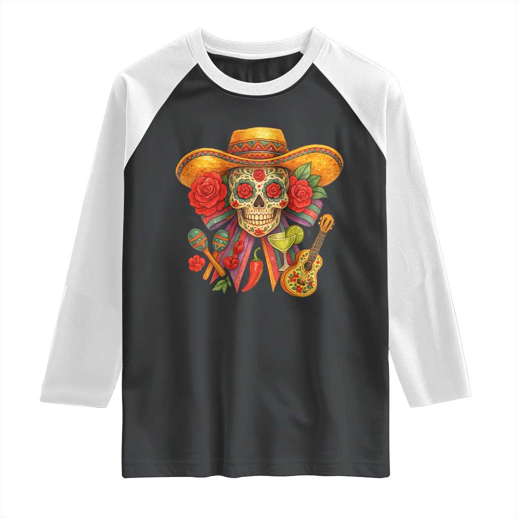 Funny Cinco De Mayo Sugar Skull Sombrero Hat Bow Raglan Shirt