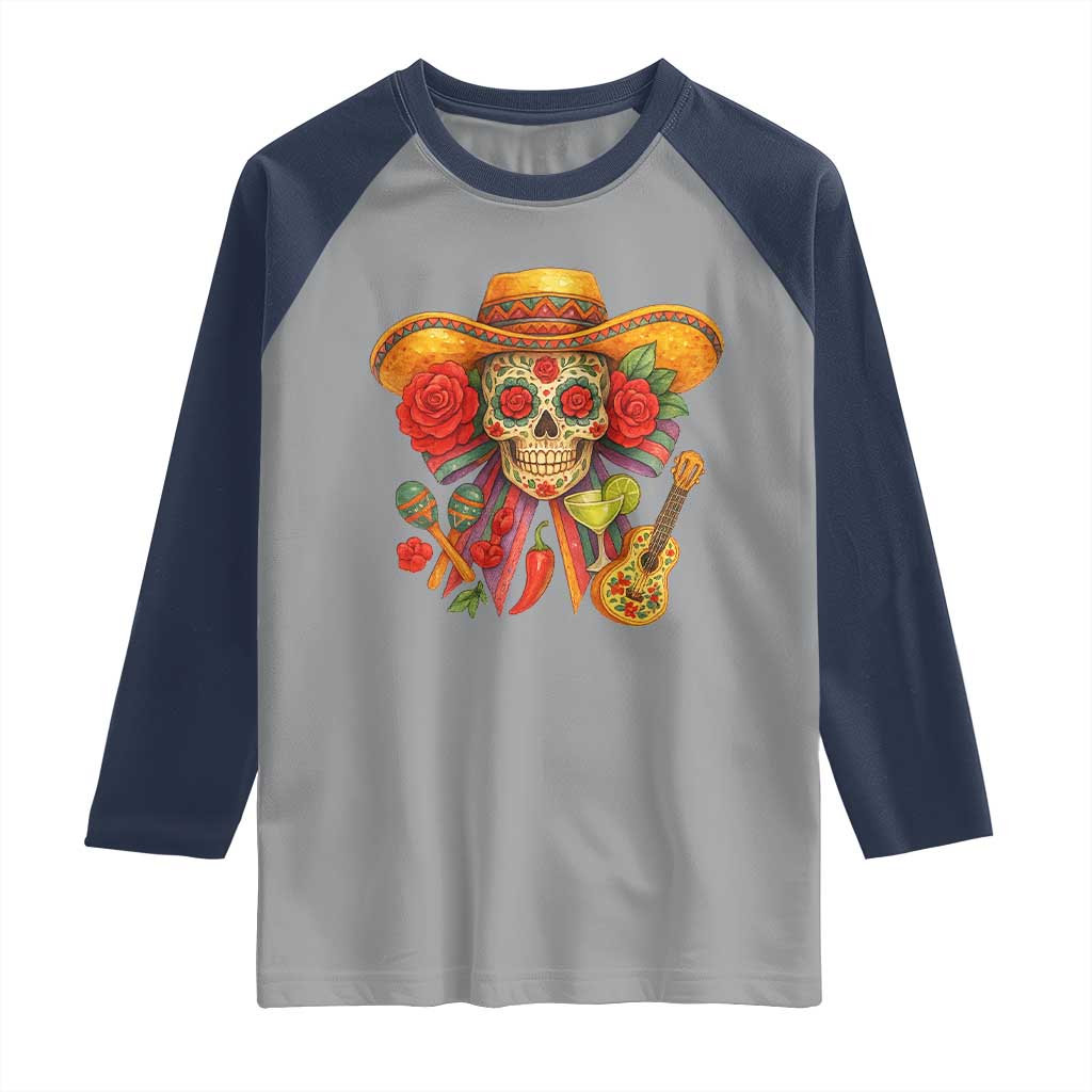 Funny Cinco De Mayo Sugar Skull Sombrero Hat Bow Raglan Shirt