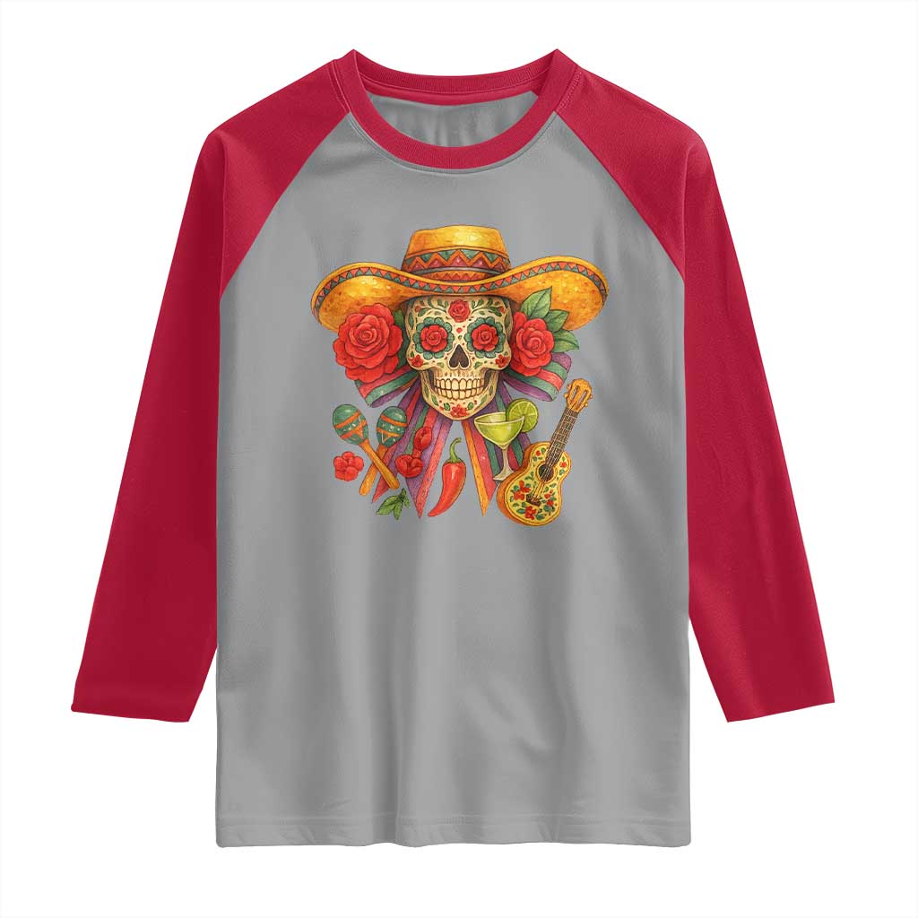 Funny Cinco De Mayo Sugar Skull Sombrero Hat Bow Raglan Shirt