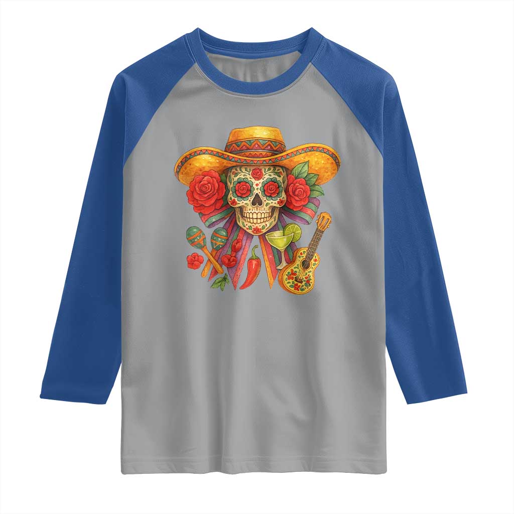 Funny Cinco De Mayo Sugar Skull Sombrero Hat Bow Raglan Shirt