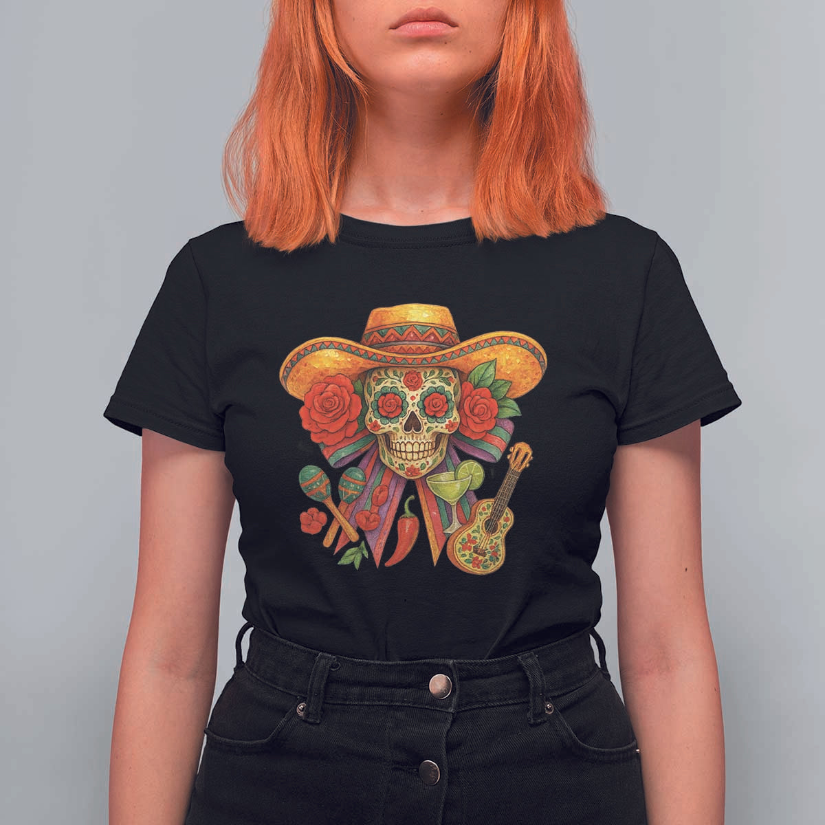 Funny Cinco De Mayo Sugar Skull Sombrero Hat Bow T Shirt For Women