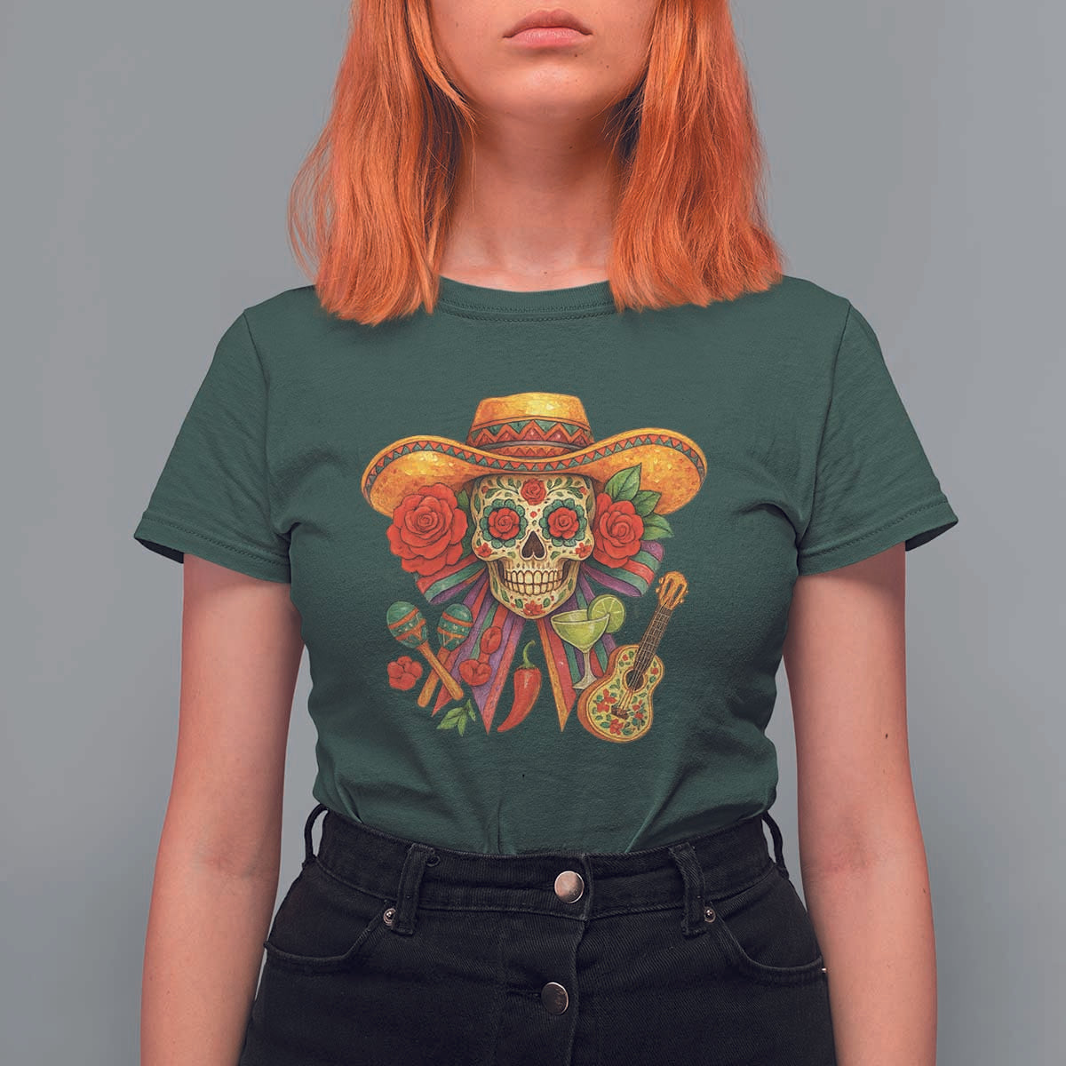 Funny Cinco De Mayo Sugar Skull Sombrero Hat Bow T Shirt For Women