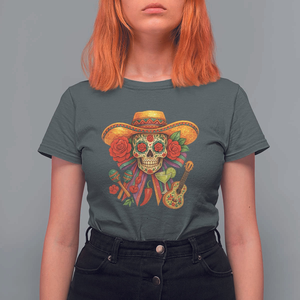Funny Cinco De Mayo Sugar Skull Sombrero Hat Bow T Shirt For Women