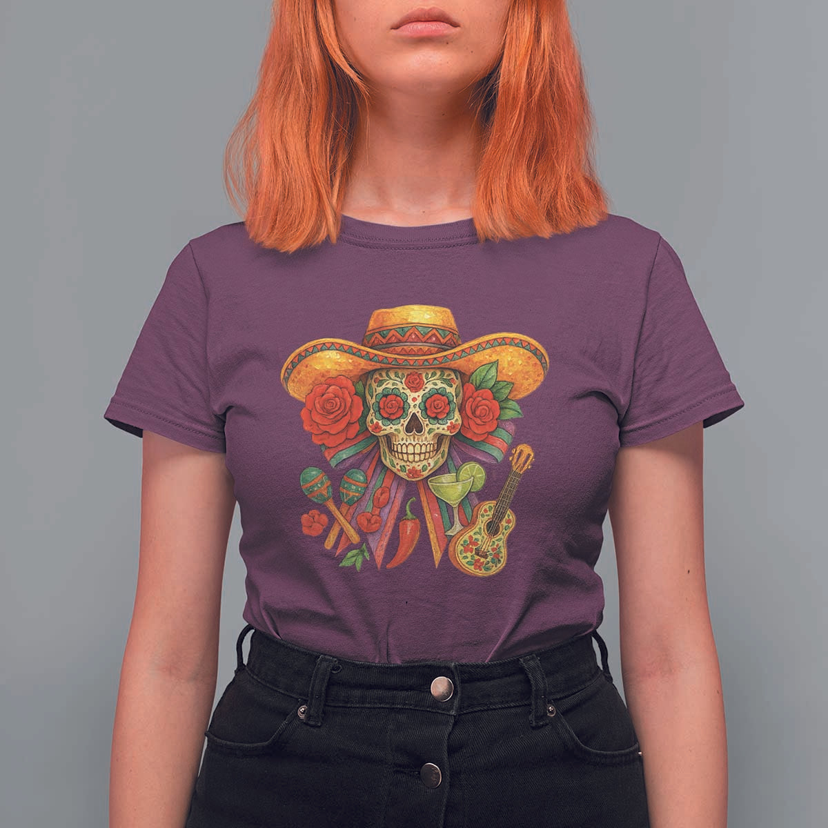 Funny Cinco De Mayo Sugar Skull Sombrero Hat Bow T Shirt For Women