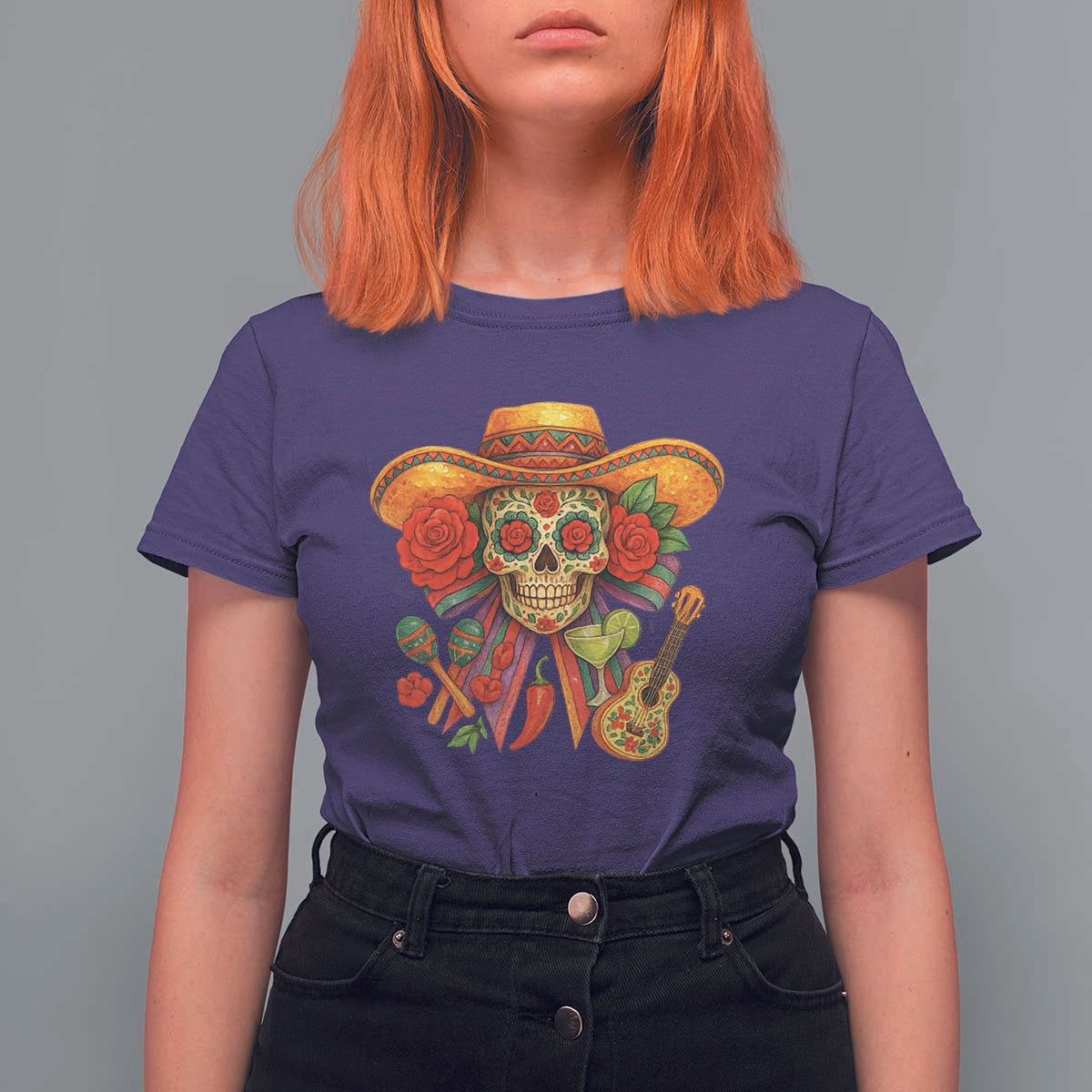 Funny Cinco De Mayo Sugar Skull Sombrero Hat Bow T Shirt For Women