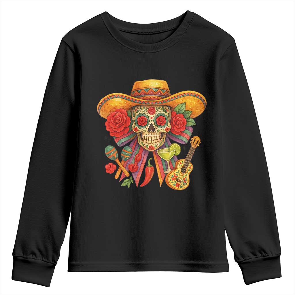 Funny Cinco De Mayo Sugar Skull Sombrero Hat Bow Youth Sweatshirt