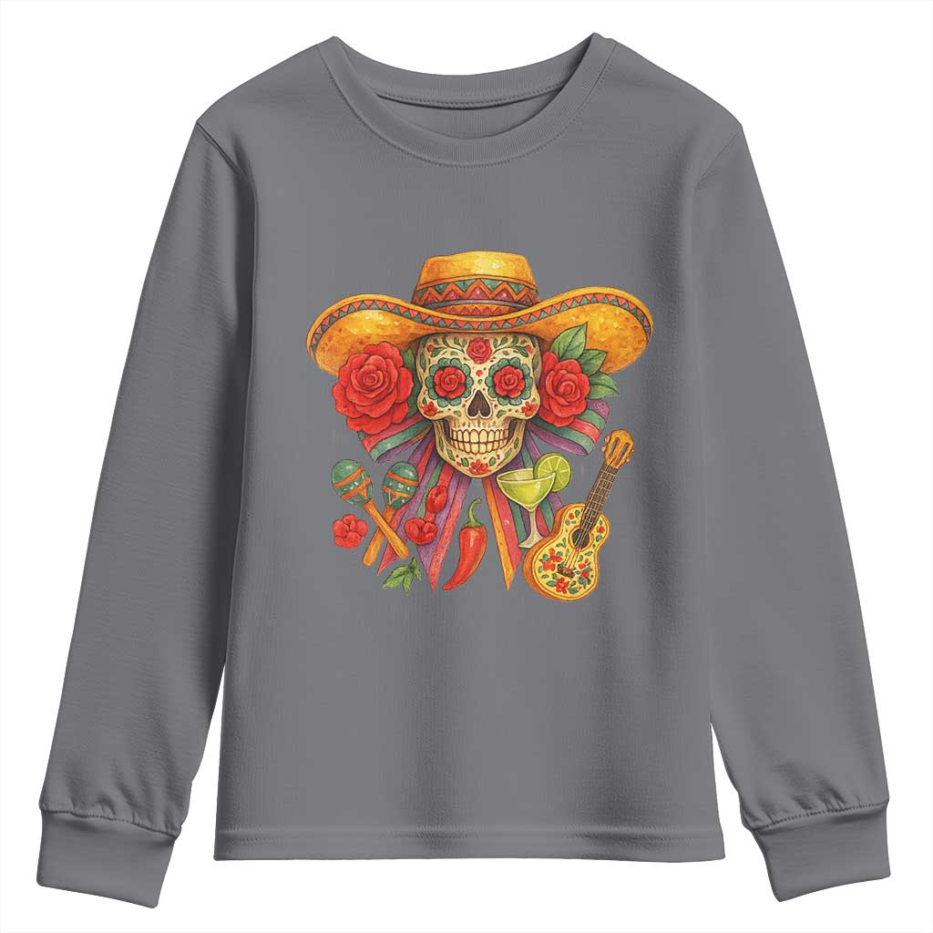Funny Cinco De Mayo Sugar Skull Sombrero Hat Bow Youth Sweatshirt